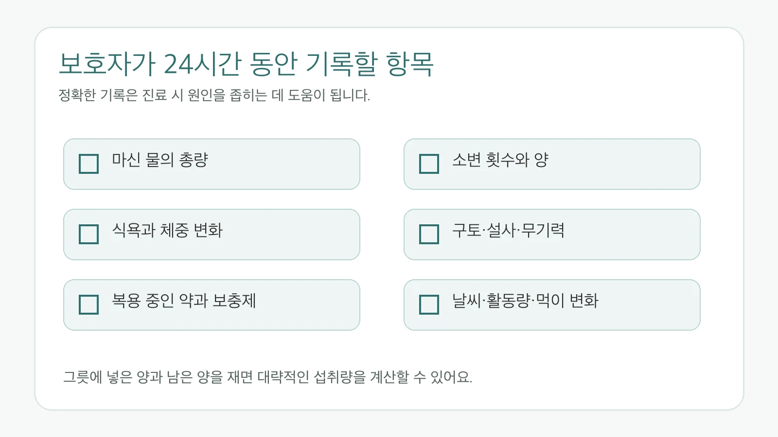 강아지 물 섭취 증가 시 24시간 기록 체크리스트